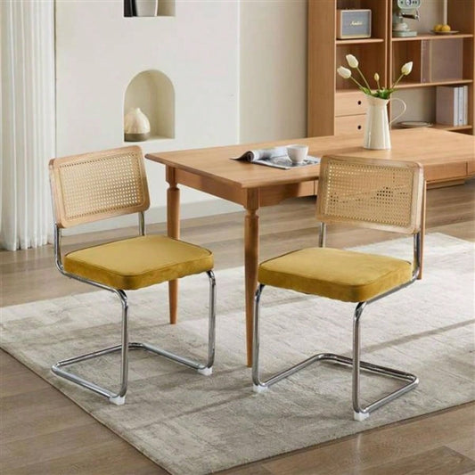 Mid Modern Dining Chairs Set of 2, Velvet Accent Chairs with Natural Cane Back Stainless Base, Famous Breuer Designed Chairs, Upholstered Rattan Kitchen Chairs, Golden
