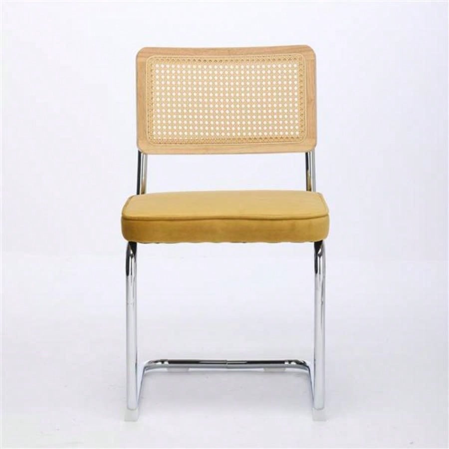 Mid Modern Dining Chairs Set of 2, Velvet Accent Chairs with Natural Cane Back Stainless Base, Famous Breuer Designed Chairs, Upholstered Rattan Kitchen Chairs, Golden