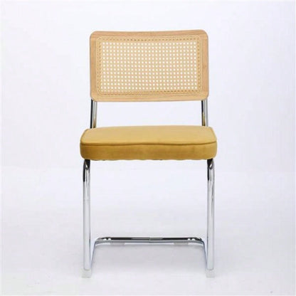 Mid Modern Dining Chairs Set of 2, Velvet Accent Chairs with Natural Cane Back Stainless Base, Famous Breuer Designed Chairs, Upholstered Rattan Kitchen Chairs, Golden