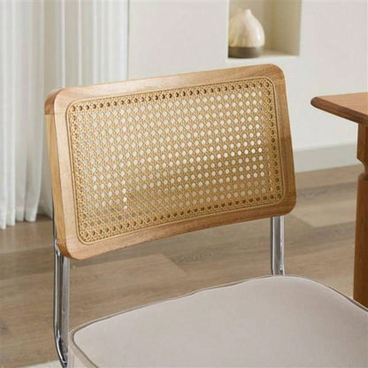 Mid Modern Dining Chairs Set of 2, Velvet Accent Chairs with Natural Cane Back Stainless Base, Famous Breuer Designed Chairs, Upholstered Rattan Kitchen Chairs, Beige