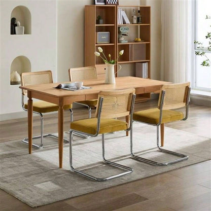 Mid Modern Dining Chairs Set of 2, Velvet Accent Chairs with Natural Cane Back Stainless Base, Famous Breuer Designed Chairs, Upholstered Rattan Kitchen Chairs, Golden