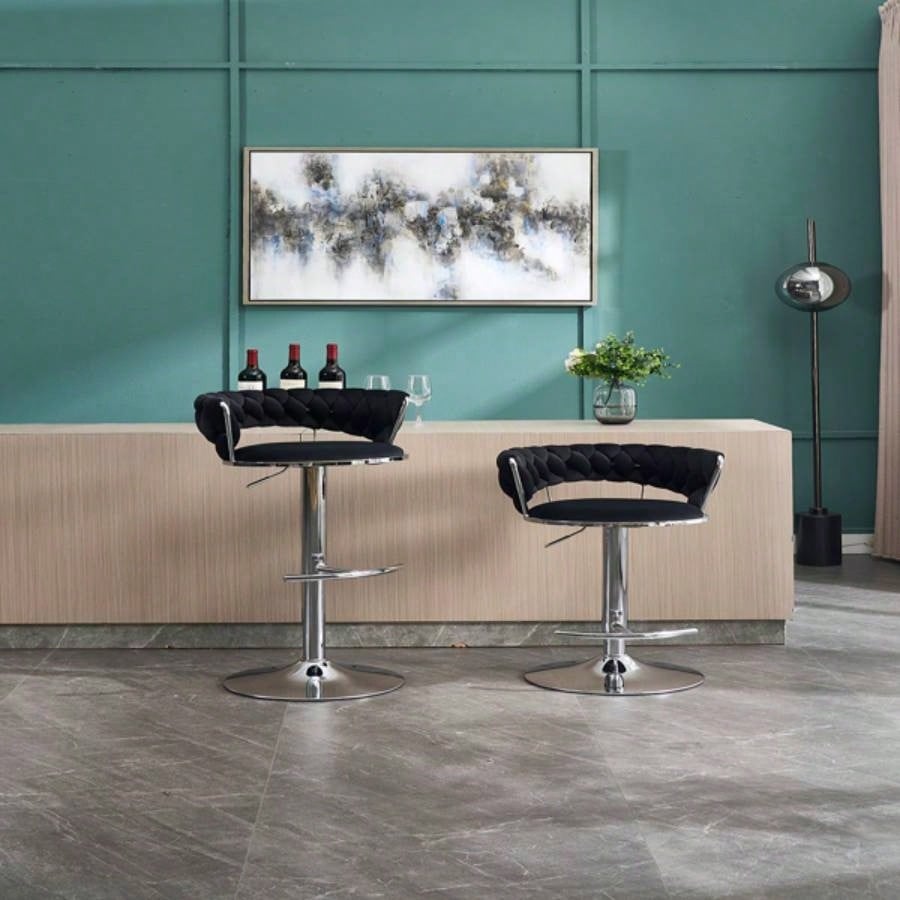 Set of 2 Bar Stools, with Footrest and Base Swivel Height Adjustable Mechanical Lifting Velvet+ Leg Simple Bar Stool - BLACK