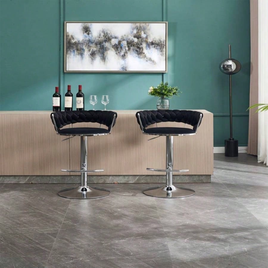 Set of 2 Bar Stools, with Footrest and Base Swivel Height Adjustable Mechanical Lifting Velvet+ Leg Simple Bar Stool - BLACK
