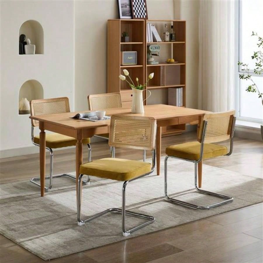 Mid Modern Dining Chairs Set of 2, Velvet Accent Chairs with Natural Cane Back Stainless Base, Famous Breuer Designed Chairs, Upholstered Rattan Kitchen Chairs, Golden