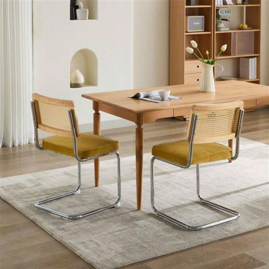 Mid Modern Dining Chairs Set of 2, Velvet Accent Chairs with Natural Cane Back Stainless Base, Famous Breuer Designed Chairs, Upholstered Rattan Kitchen Chairs, Golden