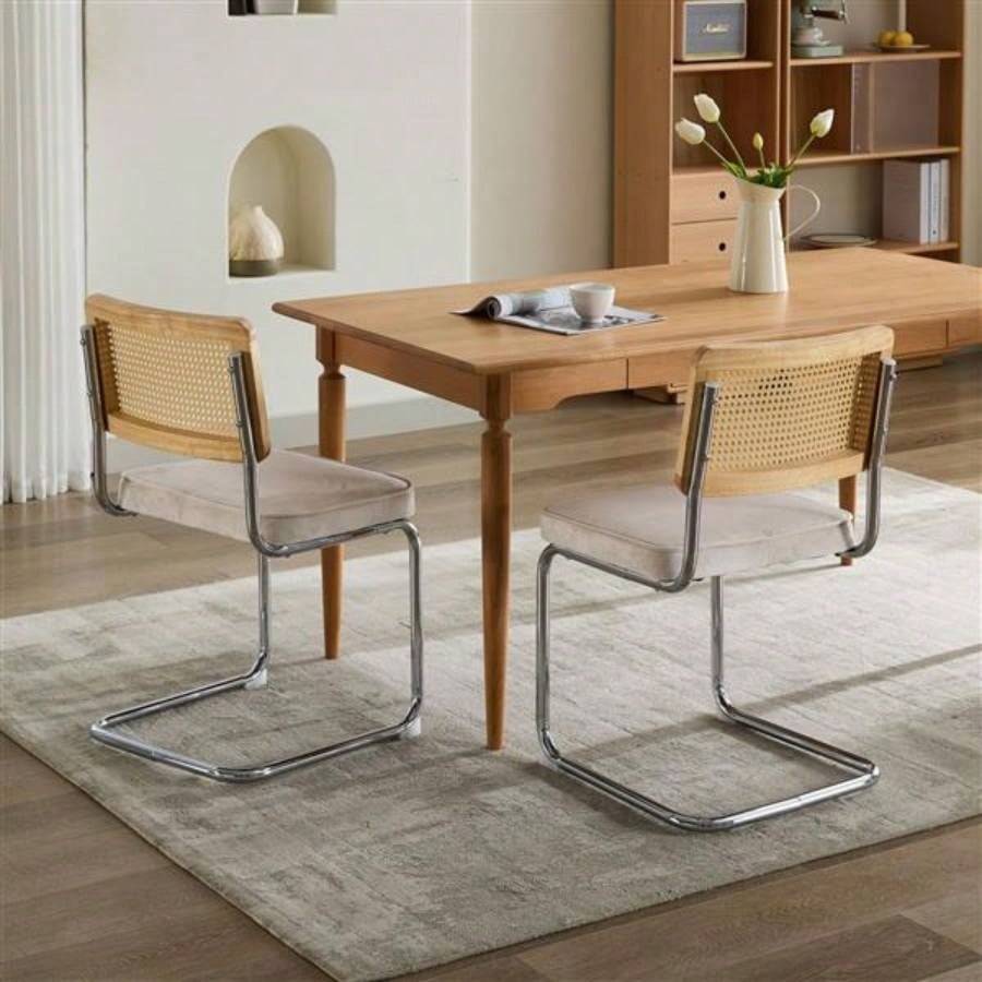 Mid Modern Dining Chairs Set of 2, Velvet Accent Chairs with Natural Cane Back Stainless Base, Famous Breuer Designed Chairs, Upholstered Rattan Kitchen Chairs, Beige