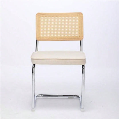 Mid Modern Dining Chairs Set of 2, Velvet Accent Chairs with Natural Cane Back Stainless Base, Famous Breuer Designed Chairs, Upholstered Rattan Kitchen Chairs, Beige