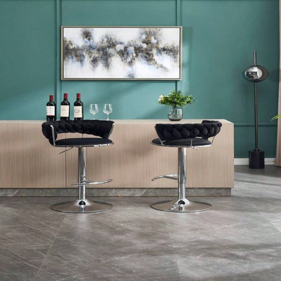 Set of 2 Bar Stools, with Footrest and Base Swivel Height Adjustable Mechanical Lifting Velvet+ Leg Simple Bar Stool - BLACK