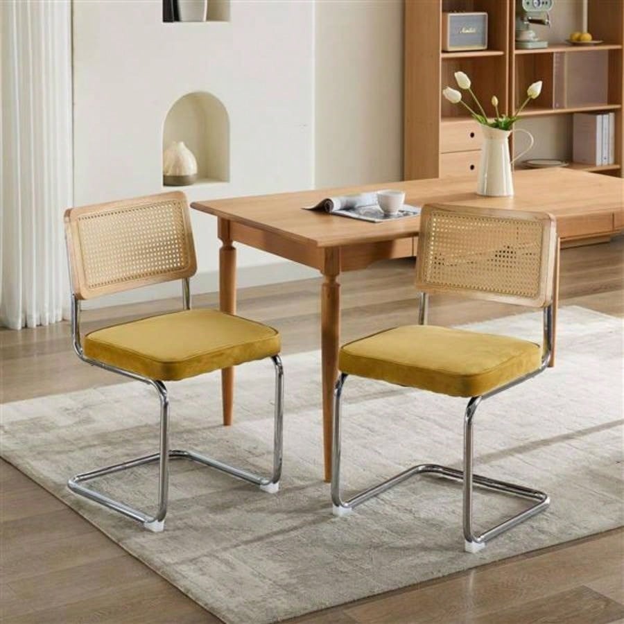 Mid Modern Dining Chairs Set of 2, Velvet Accent Chairs with Natural Cane Back Stainless Base, Famous Breuer Designed Chairs, Upholstered Rattan Kitchen Chairs, Golden