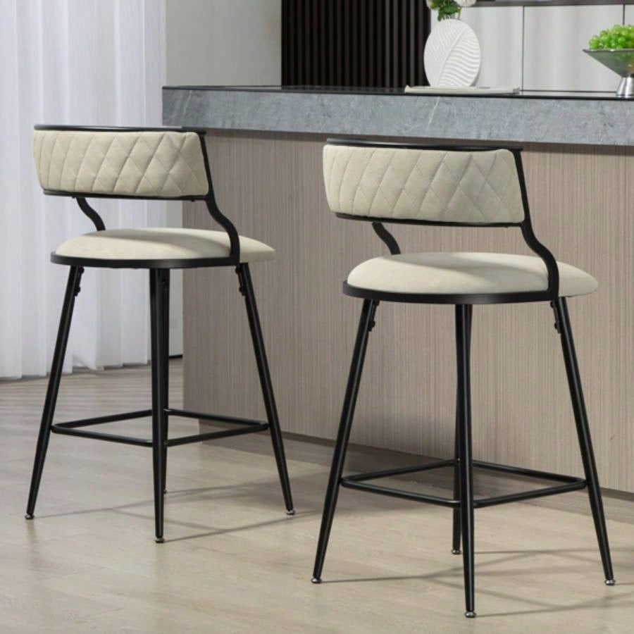 SET OF 2, 26#39; #39; Counter height bar stools PU cover kitchen island counter bar stool with black powder coating base and footrestBeige