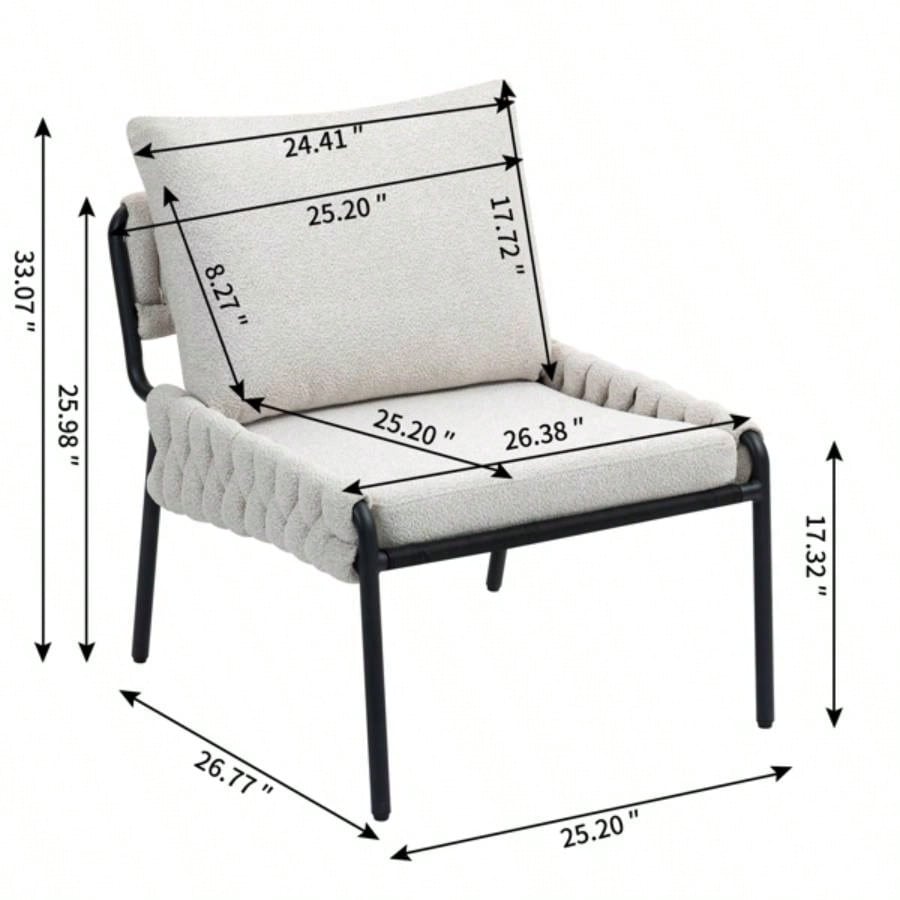 Modern Accent Lounge Chair with Braided Upholstery and Metal Frame, Comfortable Armchair Living Room or Bedroom, Soft Cushioned and Backrest, Set of 1 BEIGE