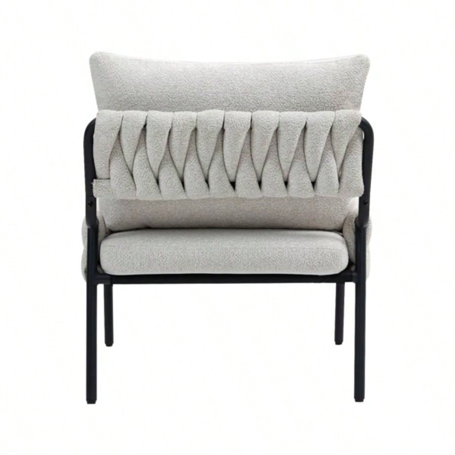 Modern Accent Lounge Chair with Braided Upholstery and Metal Frame, Comfortable Armchair Living Room or Bedroom, Soft Cushioned and Backrest, Set of 1 BEIGE