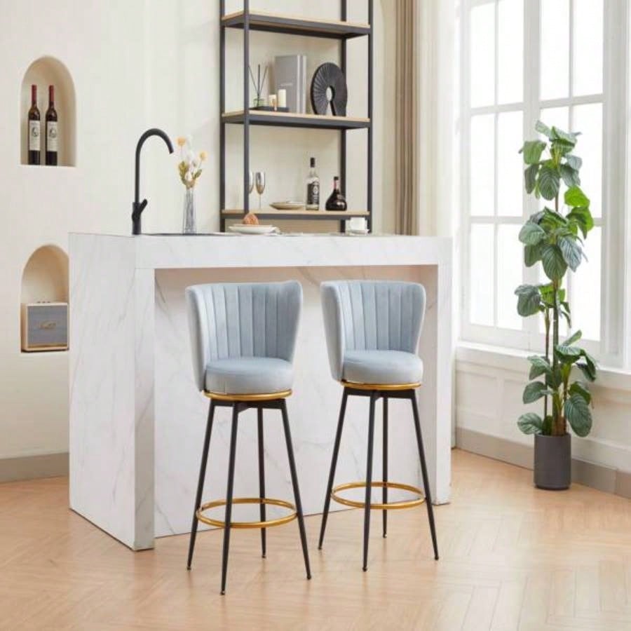 Counter Height Bar Stools Set of 2, 360176; Swivel Upholstered Barstools with Backs and Metal, 26 H Height, Velvet Fabric, Goldy Footrest