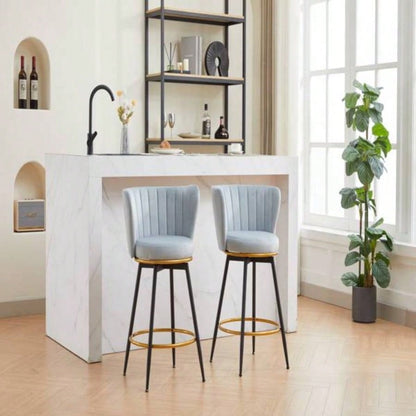 Counter Height Bar Stools Set of 2, 360176; Swivel Upholstered Barstools with Backs and Metal, 26 H Height, Velvet Fabric, Goldy Footrest