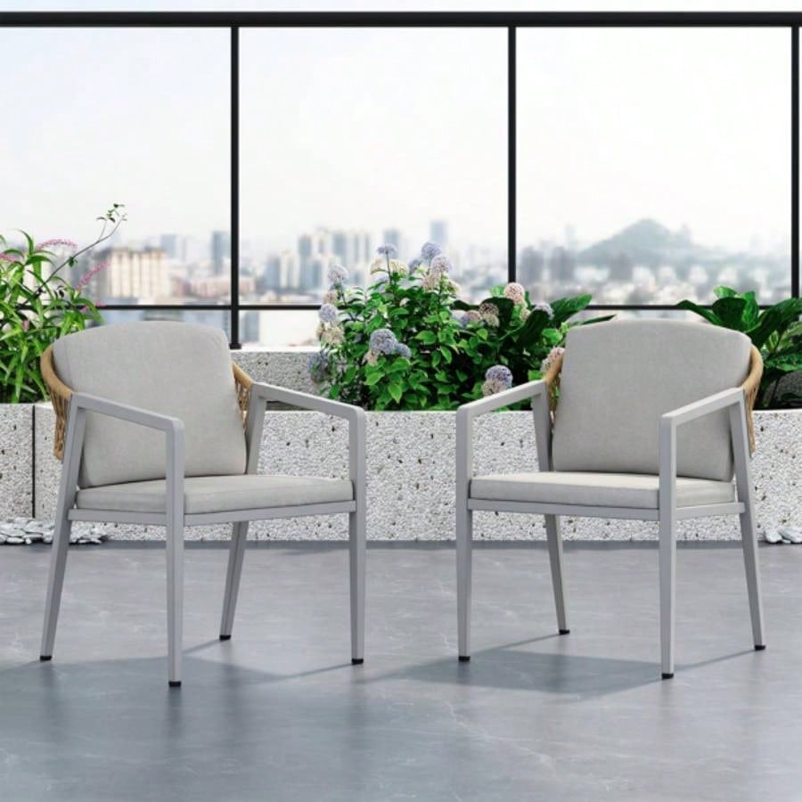 Outdoor Dining Chair Set of 2, Wicker Rattan Woven Patio Chairs, Outdoor Armchair Seating Patio Backyard Poolside Balcony, Waterproof and cushion