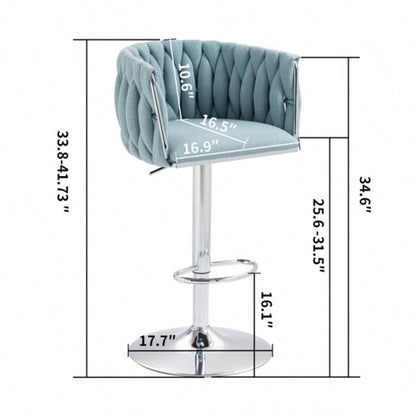 360176; Fabric cover Swivel Bar Stools Set of 2, Adjustable Counter Height Bar Chairs with Woven Back Footrest, Silver chromed Bar Stools Kitchen Island, Cafe, Pub BLUE
