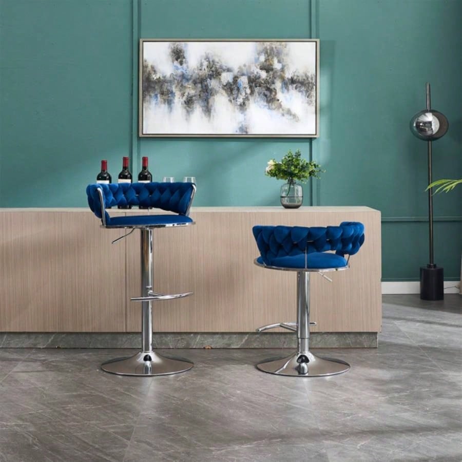 Set of 2 Bar Stools, with Footrest and Base Swivel Height Adjustable Mechanical Lifting Velvet+ Leg Simple Bar Stool - BLUE