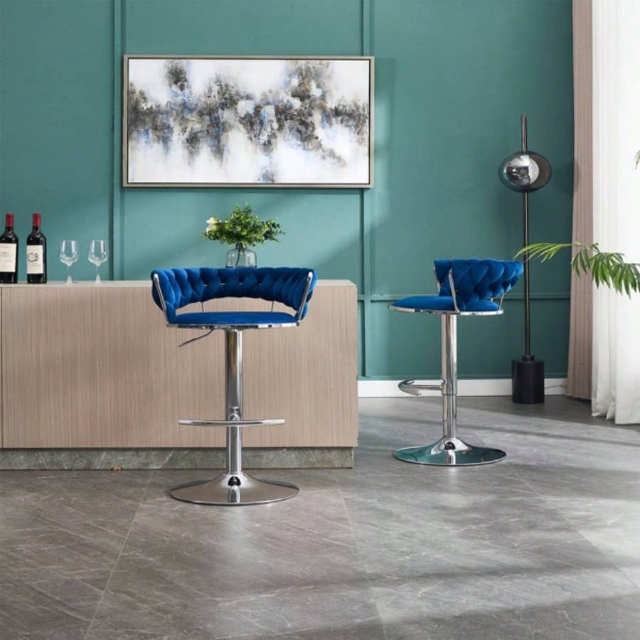 Set of 2 Bar Stools, with Footrest and Base Swivel Height Adjustable Mechanical Lifting Velvet+ Leg Simple Bar Stool - BLUE