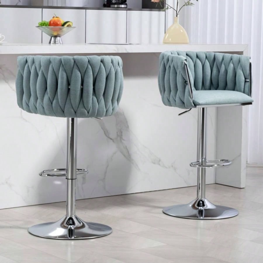 360176; Fabric cover Swivel Bar Stools Set of 2, Adjustable Counter Height Bar Chairs with Woven Back Footrest, Silver chromed Bar Stools Kitchen Island, Cafe, Pub BLUE