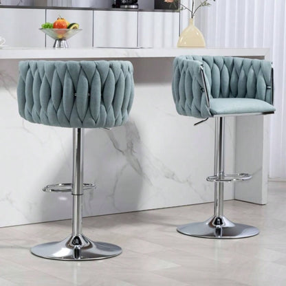 360176; Fabric cover Swivel Bar Stools Set of 2, Adjustable Counter Height Bar Chairs with Woven Back Footrest, Silver chromed Bar Stools Kitchen Island, Cafe, Pub BLUE