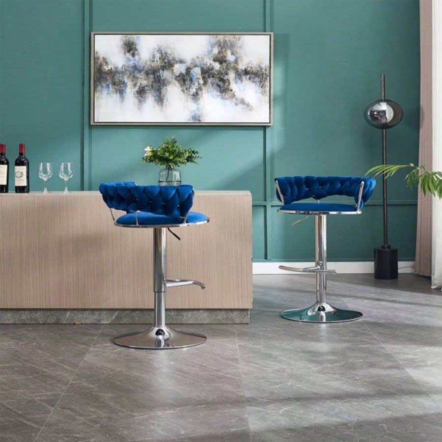 Set of 2 Bar Stools, with Footrest and Base Swivel Height Adjustable Mechanical Lifting Velvet+ Leg Simple Bar Stool - BLUE