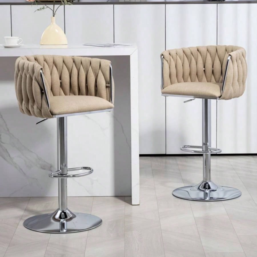 360176; Fabric cover Swivel Bar Stools Set of 2, Adjustable Counter Height Bar Chairs with Woven Back Footrest, Silver chromed Bar Stools Kitchen Island, Cafe, Pub YELLOW
