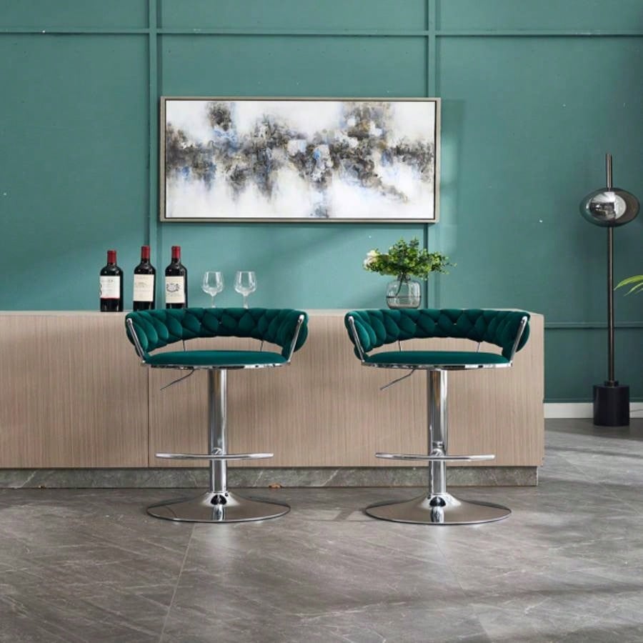 Set of 2 Bar Stools, with Footrest and Base Swivel Height Adjustable Mechanical Lifting Velvet+ Leg Simple Bar Stool - GREEN