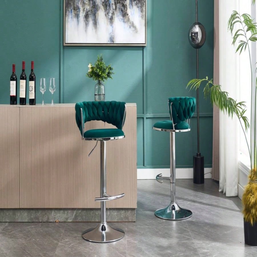 Set of 2 Bar Stools, with Footrest and Base Swivel Height Adjustable Mechanical Lifting Velvet+ Leg Simple Bar Stool - GREEN