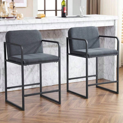 Set of 2, Modern Upholstered Counter Height Bar Stool with Armrests, Metal Frame and Padded, Comfortable Dining Chair Kitchen Island, Home Bar or Restaurant - Dark gray