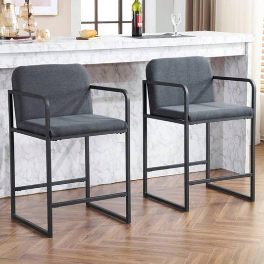 Set of 2, Modern Upholstered Counter Height Bar Stool with Armrests, Metal Frame and Padded, Comfortable Dining Chair Kitchen Island, Home Bar or Restaurant - Dark gray