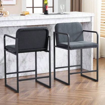 Set of 2, Modern Upholstered Counter Height Bar Stool with Armrests, Metal Frame and Padded, Comfortable Dining Chair Kitchen Island, Home Bar or Restaurant - Dark gray