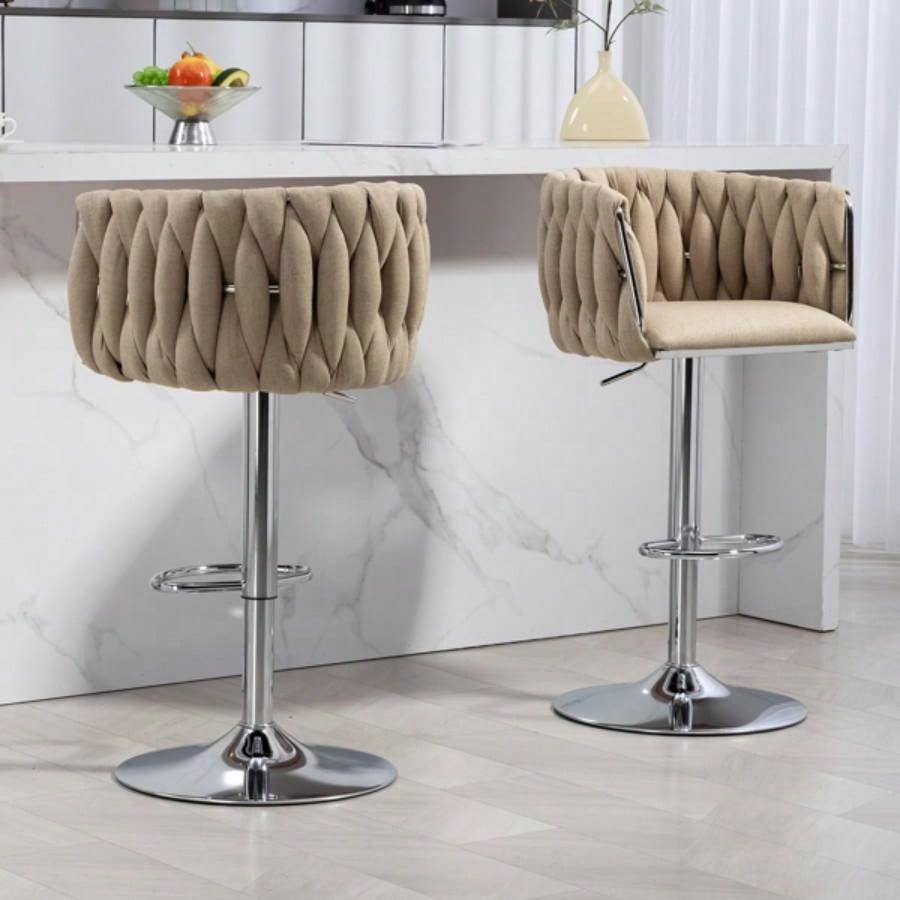 360176; Fabric cover Swivel Bar Stools Set of 2, Adjustable Counter Height Bar Chairs with Woven Back Footrest, Silver chromed Bar Stools Kitchen Island, Cafe, Pub YELLOW