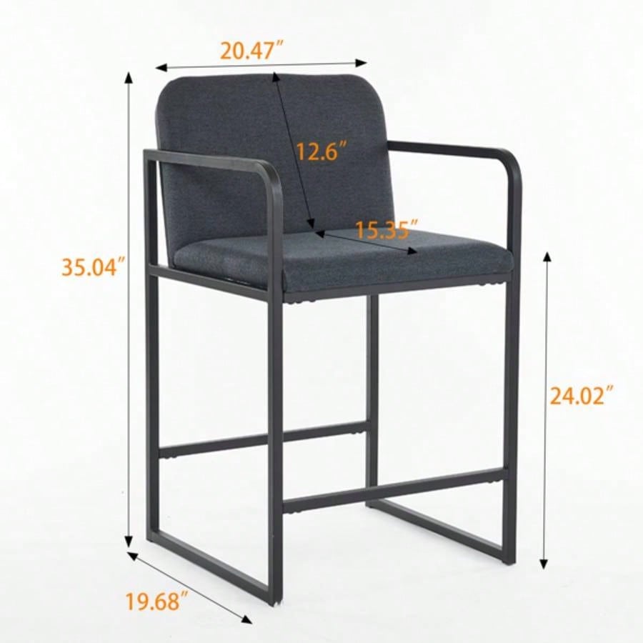 Set of 2, Modern Upholstered Counter Height Bar Stool with Armrests, Metal Frame and Padded, Comfortable Dining Chair Kitchen Island, Home Bar or Restaurant - Dark gray