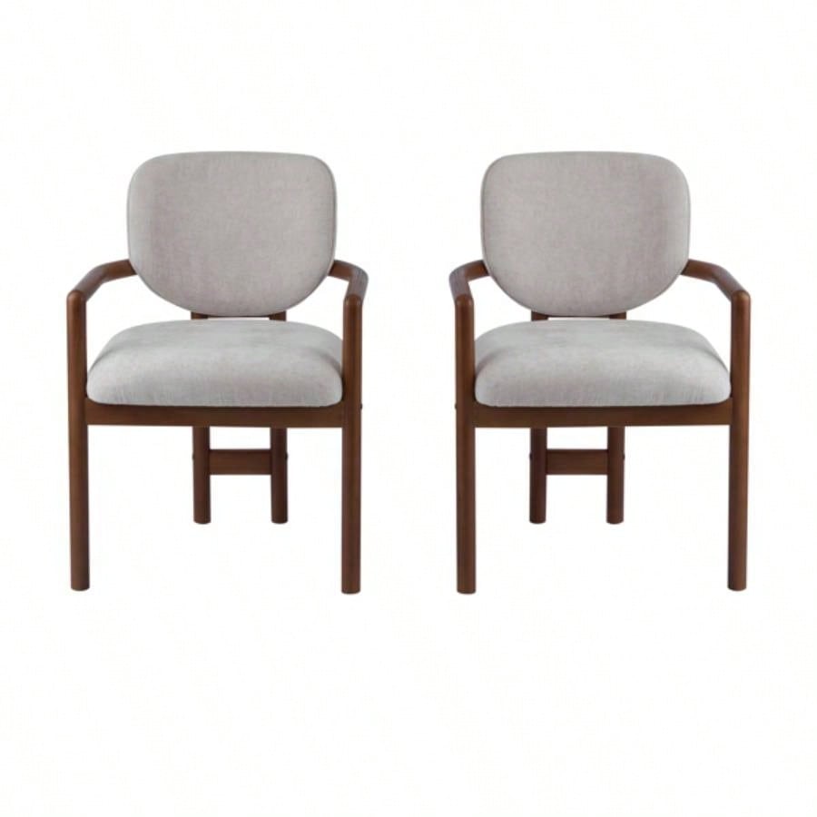 Dining Chairs Set of 2 Upholstered Arm Chairs, Rubber Wood Accent Chairs Beige Fabric Seating, 300 LBS Weight Capacity