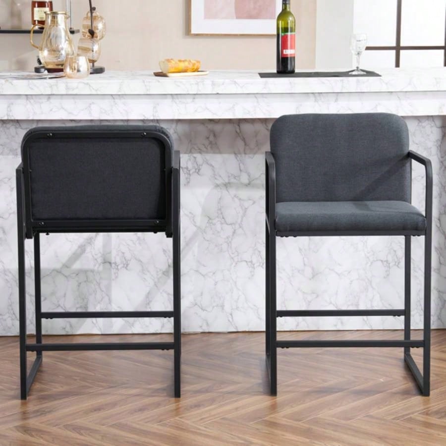 Set of 2, Modern Upholstered Counter Height Bar Stool with Armrests, Metal Frame and Padded, Comfortable Dining Chair Kitchen Island, Home Bar or Restaurant - Dark gray