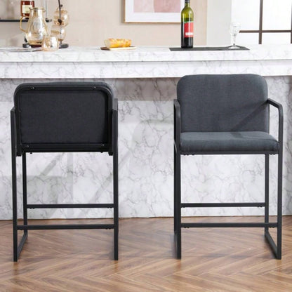 Set of 2, Modern Upholstered Counter Height Bar Stool with Armrests, Metal Frame and Padded, Comfortable Dining Chair Kitchen Island, Home Bar or Restaurant - Dark gray