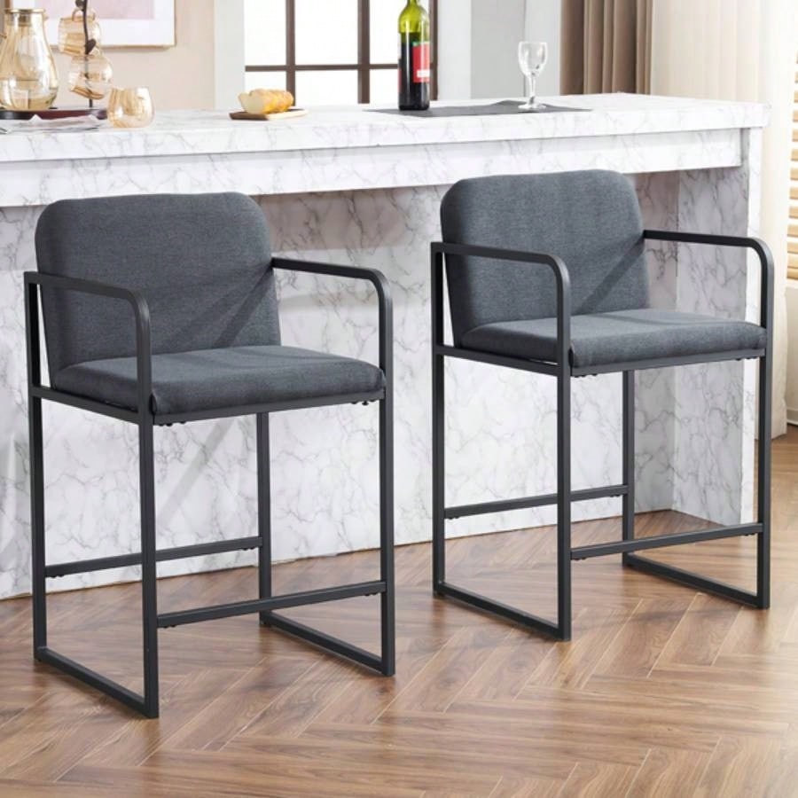 Set of 2, Modern Upholstered Counter Height Bar Stool with Armrests, Metal Frame and Padded, Comfortable Dining Chair Kitchen Island, Home Bar or Restaurant - Dark gray