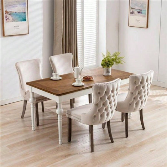 Furniture, Upholstered Wing - Back Dining Chair with Backstitching Nailhead Trim and Solid Wood, Set of 2, Beige