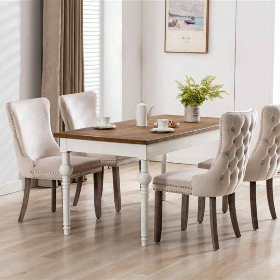 Furniture, Upholstered Wing - Back Dining Chair with Backstitching Nailhead Trim and Solid Wood, Set of 2, Beige