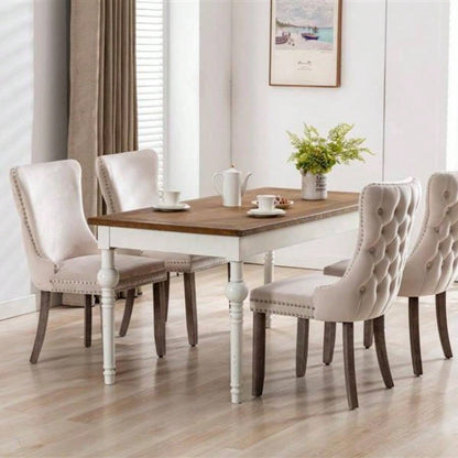 Furniture, Upholstered Wing - Back Dining Chair with Backstitching Nailhead Trim and Solid Wood, Set of 2, Beige