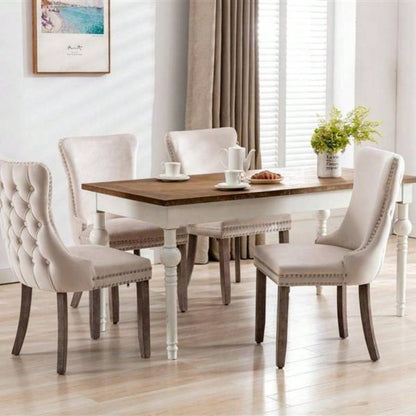Furniture, Upholstered Wing - Back Dining Chair with Backstitching Nailhead Trim and Solid Wood, Set of 2, Beige