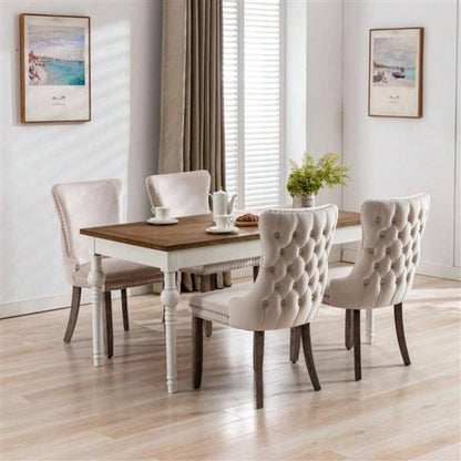 Furniture, Upholstered Wing - Back Dining Chair with Backstitching Nailhead Trim and Solid Wood, Set of 2, Beige