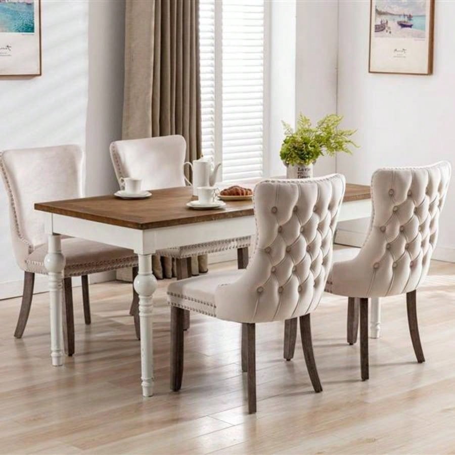Furniture, Upholstered Wing - Back Dining Chair with Backstitching Nailhead Trim and Solid Wood, Set of 2, Beige