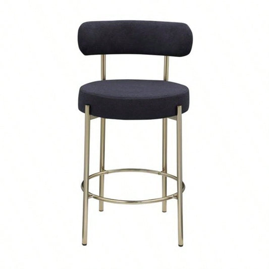 Modern Sherpa Counter Height Stools Set of 2, Uphsoltered 26 Height Barstools with Brushed Brass Metal Round Low Back Kitchen Stools with Footrest Dining Room, Black