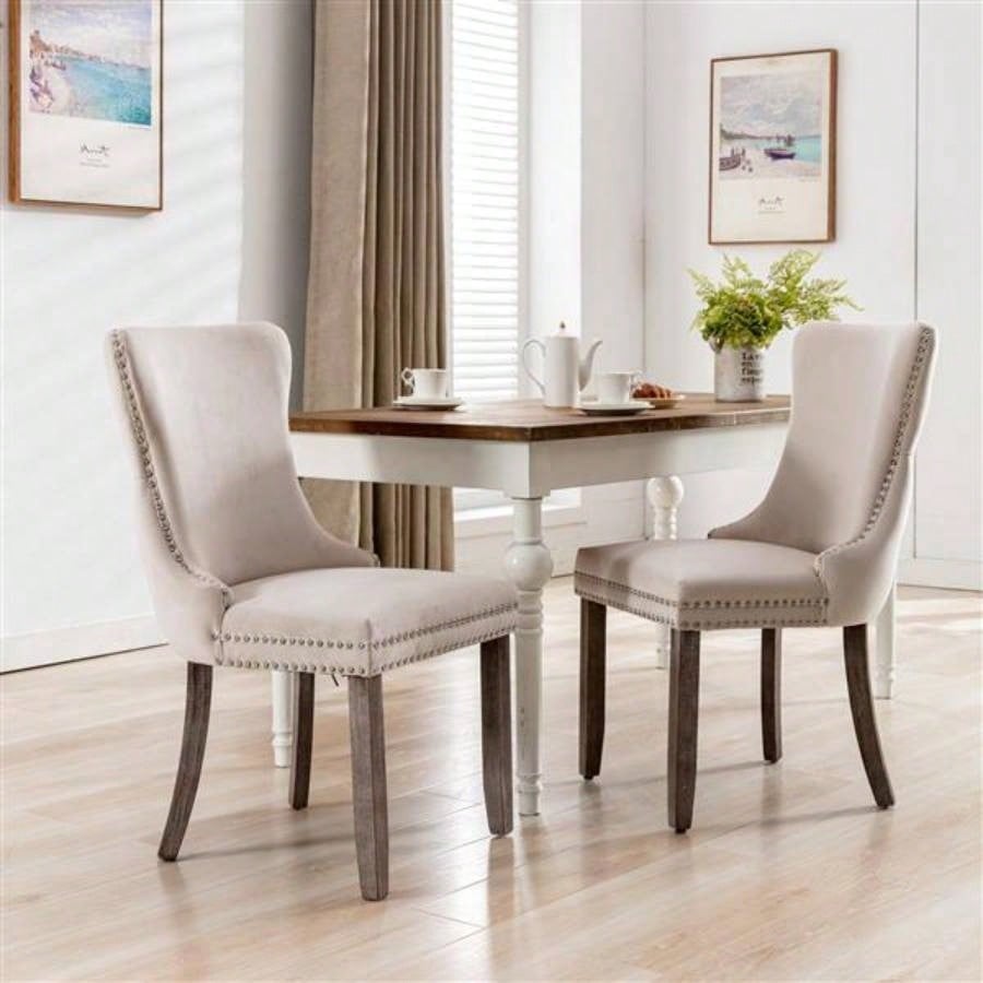 Furniture, Upholstered Wing - Back Dining Chair with Backstitching Nailhead Trim and Solid Wood, Set of 2, Beige
