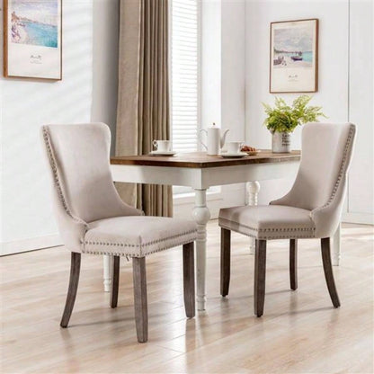 Furniture, Upholstered Wing - Back Dining Chair with Backstitching Nailhead Trim and Solid Wood, Set of 2, Beige