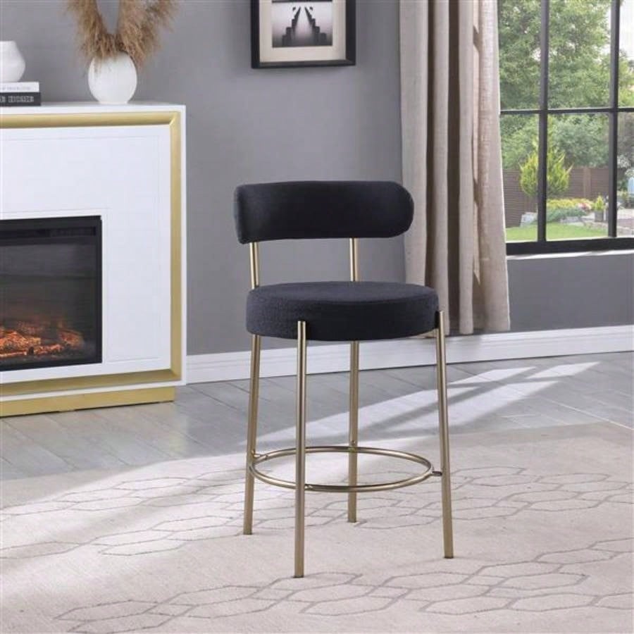Modern Sherpa Counter Height Stools Set of 2, Uphsoltered 26 Height Barstools with Brushed Brass Metal Round Low Back Kitchen Stools with Footrest Dining Room, Black