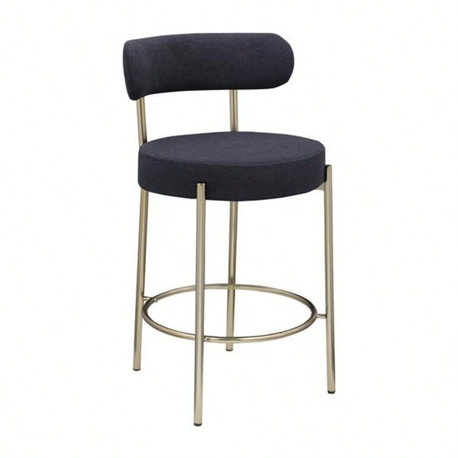 Modern Sherpa Counter Height Stools Set of 2, Uphsoltered 26 Height Barstools with Brushed Brass Metal Round Low Back Kitchen Stools with Footrest Dining Room, Black