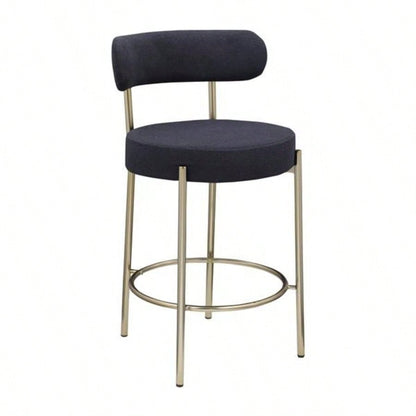 Modern Sherpa Counter Height Stools Set of 2, Uphsoltered 26 Height Barstools with Brushed Brass Metal Round Low Back Kitchen Stools with Footrest Dining Room, Black