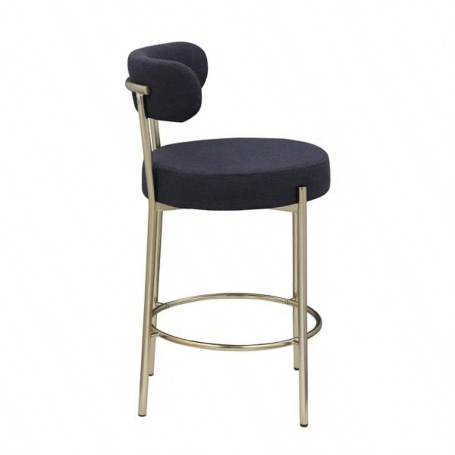 Modern Sherpa Counter Height Stools Set of 2, Uphsoltered 26 Height Barstools with Brushed Brass Metal Round Low Back Kitchen Stools with Footrest Dining Room, Black